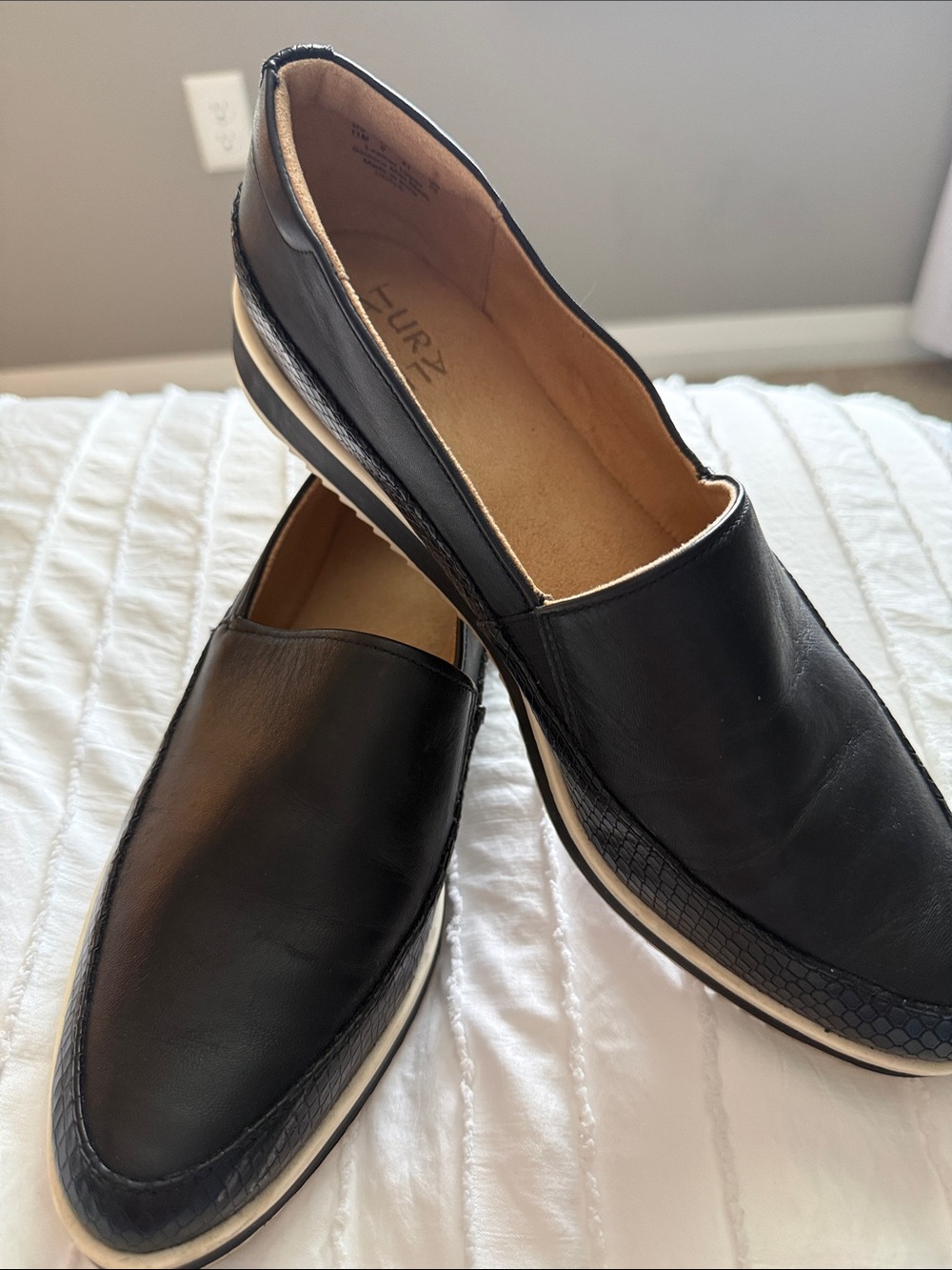 Naturalizer Black Leather Slip-On Loafers with White Sole Trim